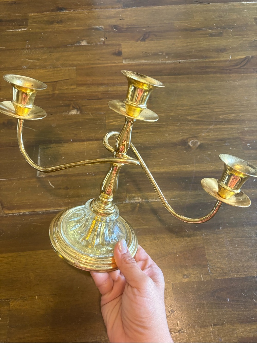 Vintage Teleflora 3 Arm Knotted Brass Gold Pressed Glass Candelabra Centerpiece